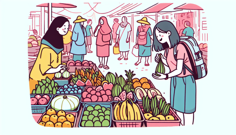 Viajero comprando alimentos saludables